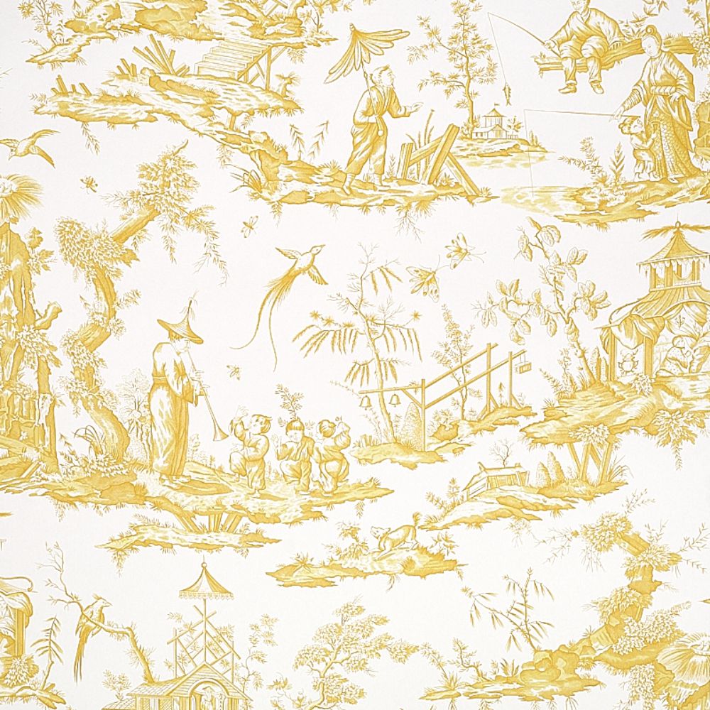 Schumacher 5012051 Shengyou Toile Linen Wallpaper in Yellow