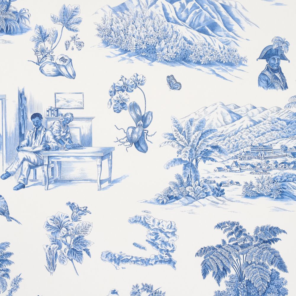 Schumacher 5013771 Toussaint Toile Wallcoverings in Blue On Ivory
