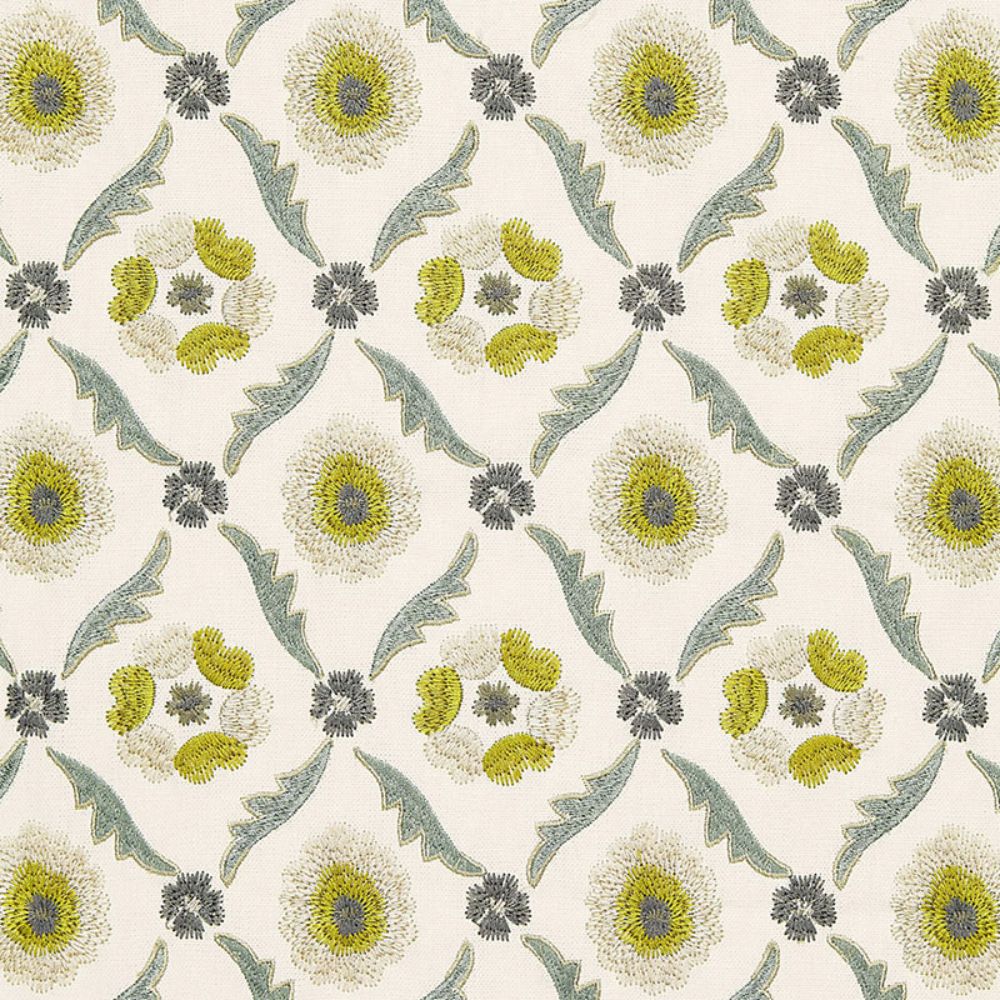 Schumacher 65741 Claremont Embroidery Fabric in Chartreuse