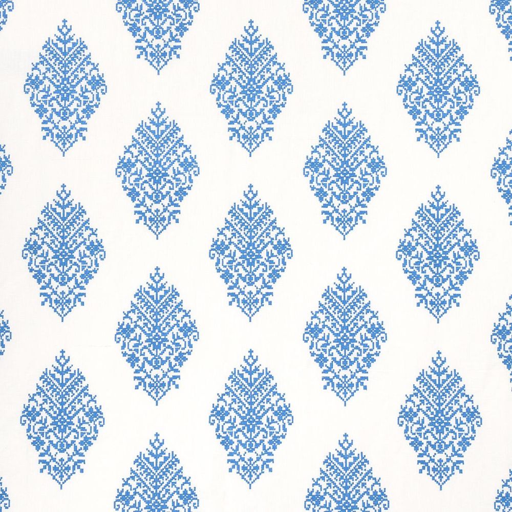 Schumacher 70225 Bohemia Zinda Embroidery Fabric in Blue On Ivory