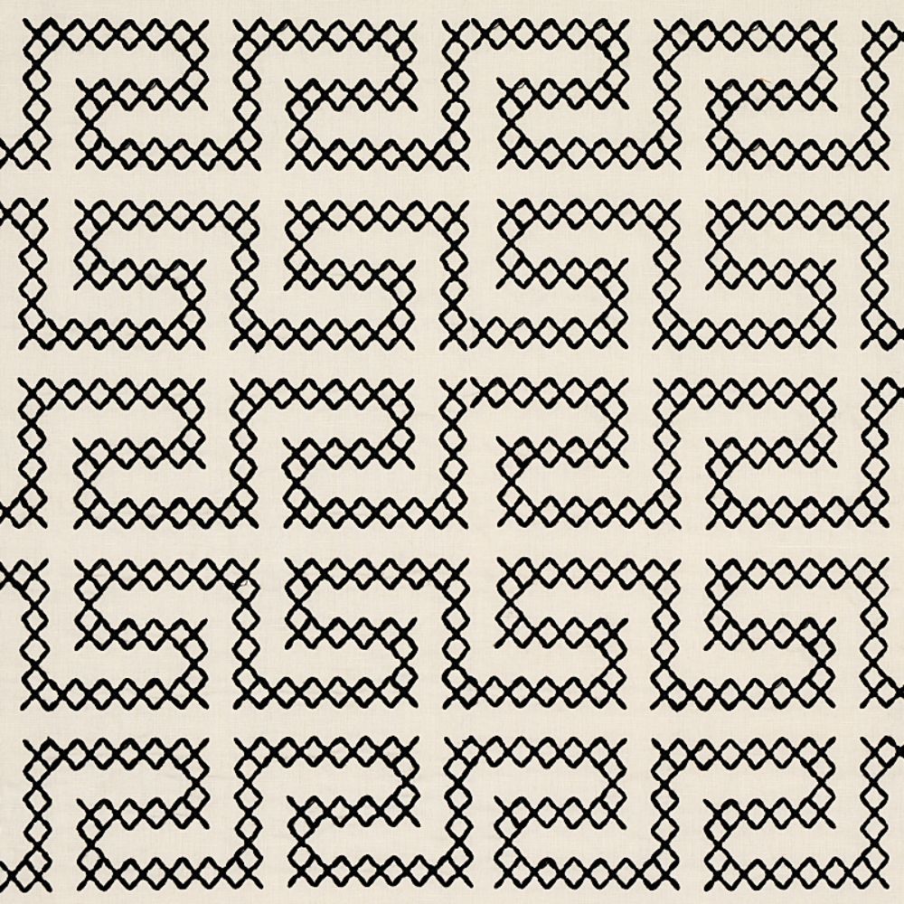 Schumacher 70230 A Maze Embroidery Fabric in Black On Ivory