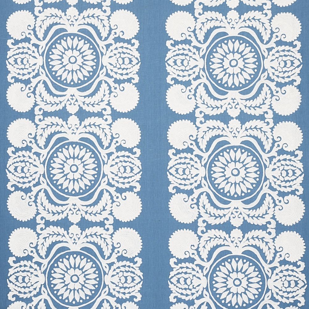 Schumacher 70262 Castanet Embroidery Fabric in Chambray