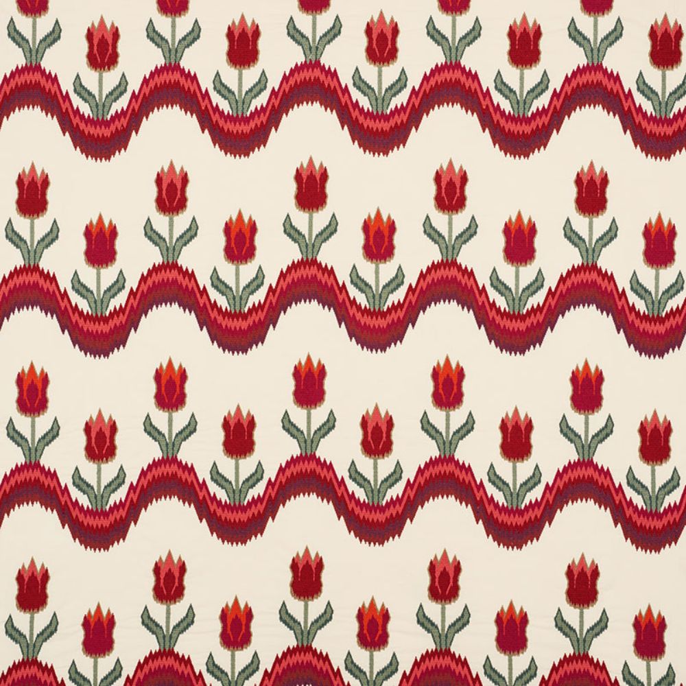 Schumacher 70271 Tulip Flamestitch Embroidery Fabric in Vermilion