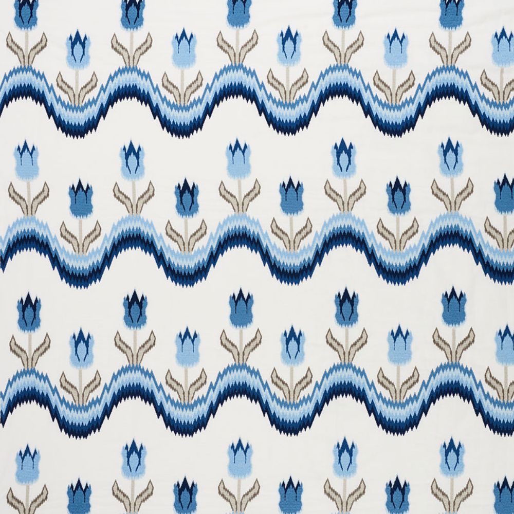 Schumacher 70272 Tulip Flamestitch Embroidery Fabric in Blue