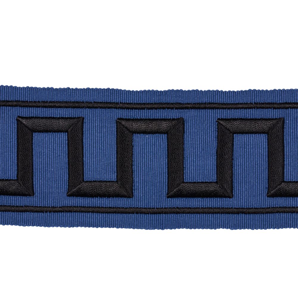 Schumacher 70803 Greek Key Embroidered Tape Trims in Black On Navy