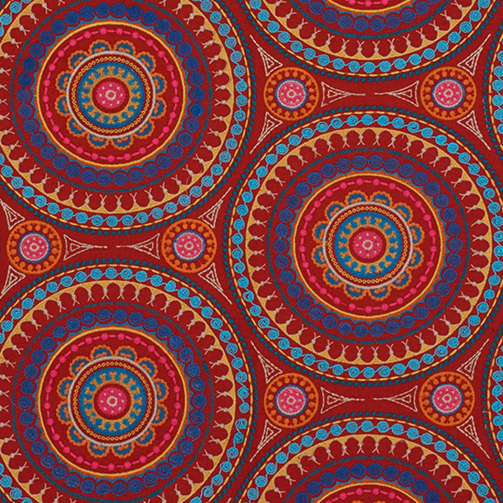 Schumacher 71951 Idris Embroidery Fabrics in Red & Multi