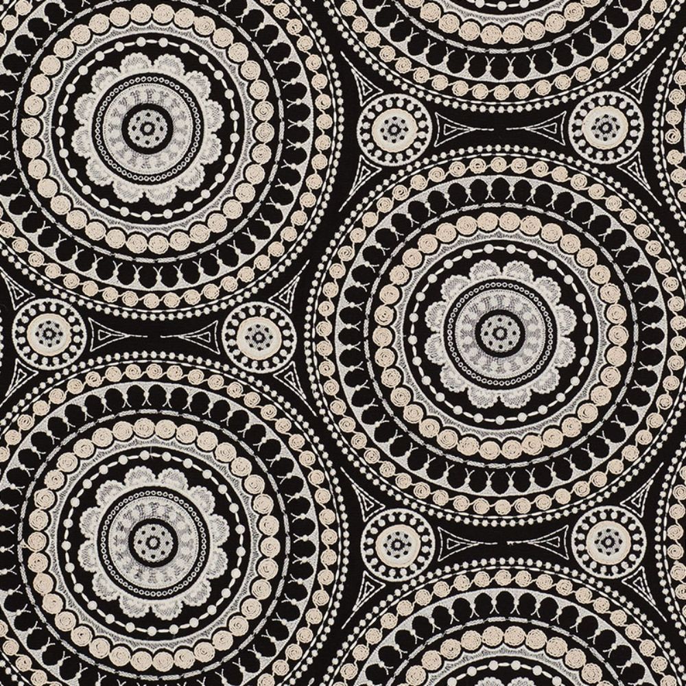 Schumacher 71953 Idris Embroidery Fabrics in Black & Ivory
