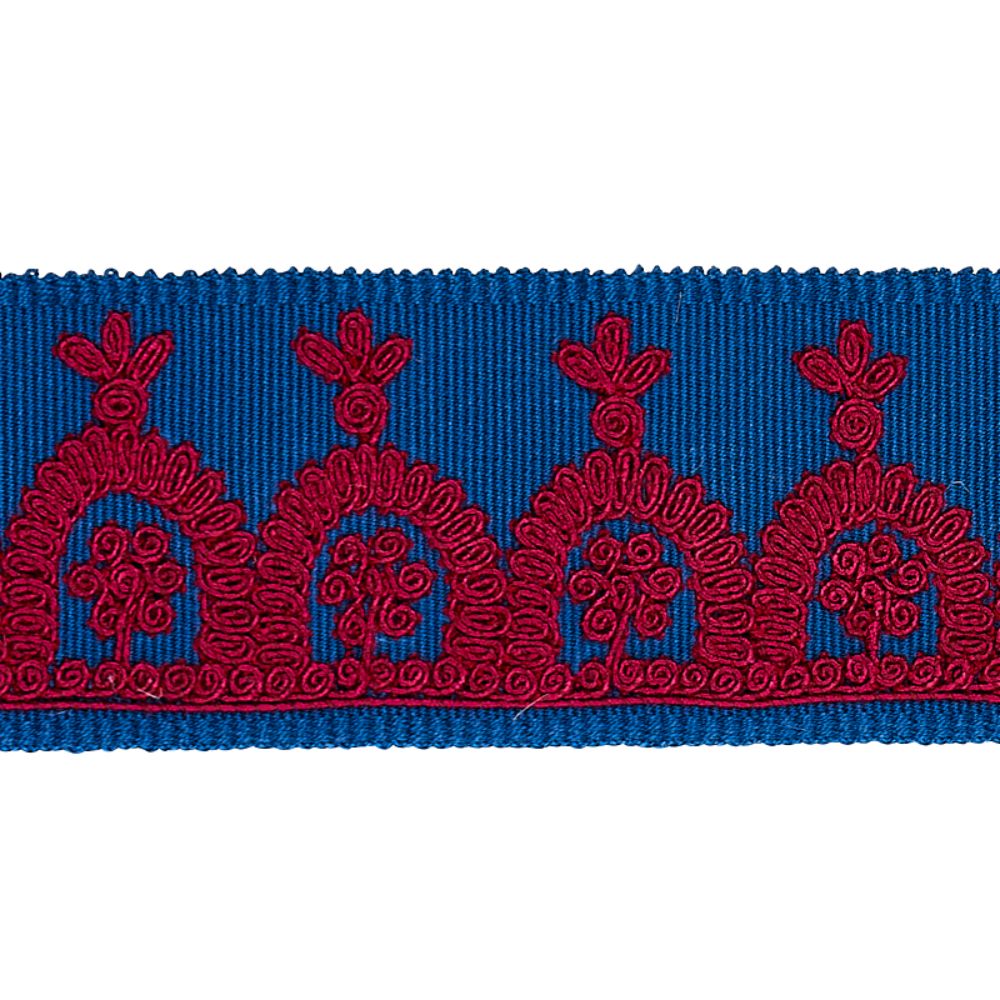 Schumacher 74156 Noelia Embroidered Tape Trim in Red On Blue