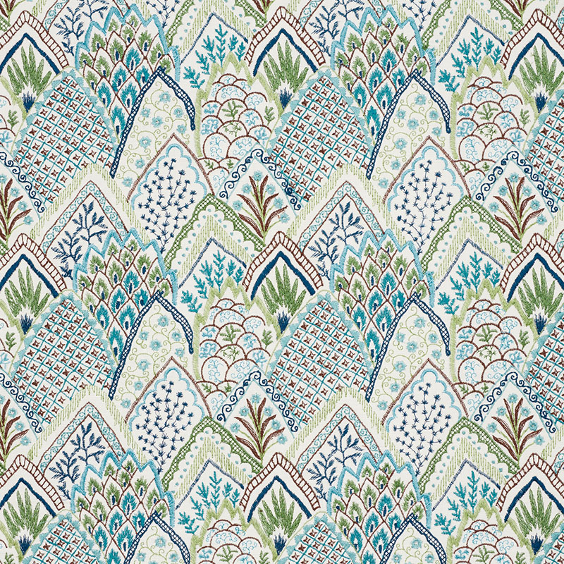 Schumacher 76311 Palampore Collection Albizia Embroidery Fabric  in Blue & Green
