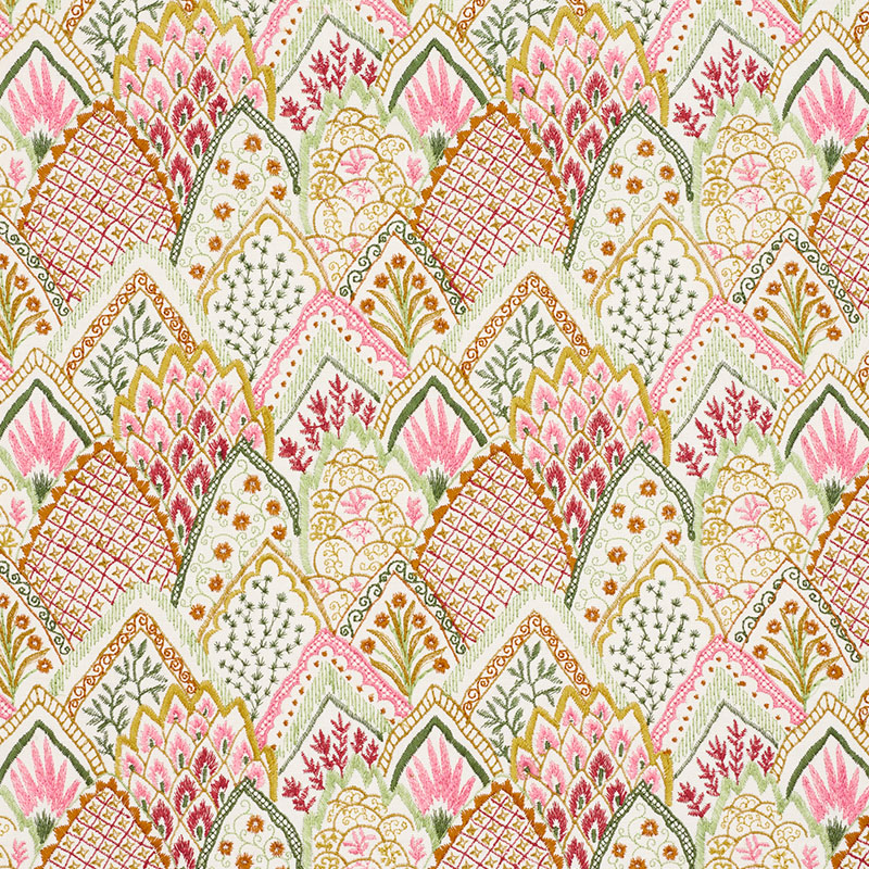 Schumacher 76312 Palampore Collection Albizia Embroidery Fabric  in Pink & Leaf