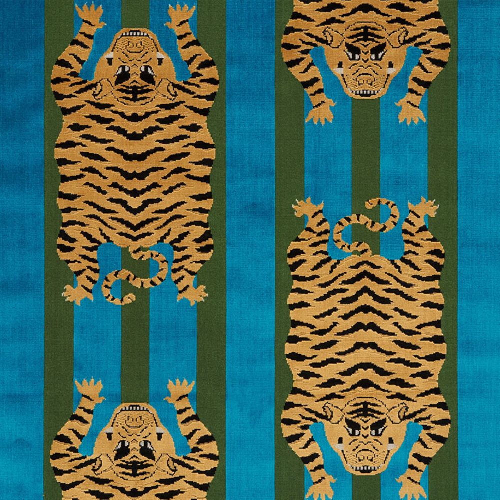Schumacher 77230 Jokhang Tiger Velvet Fabric in Peacock & Olive