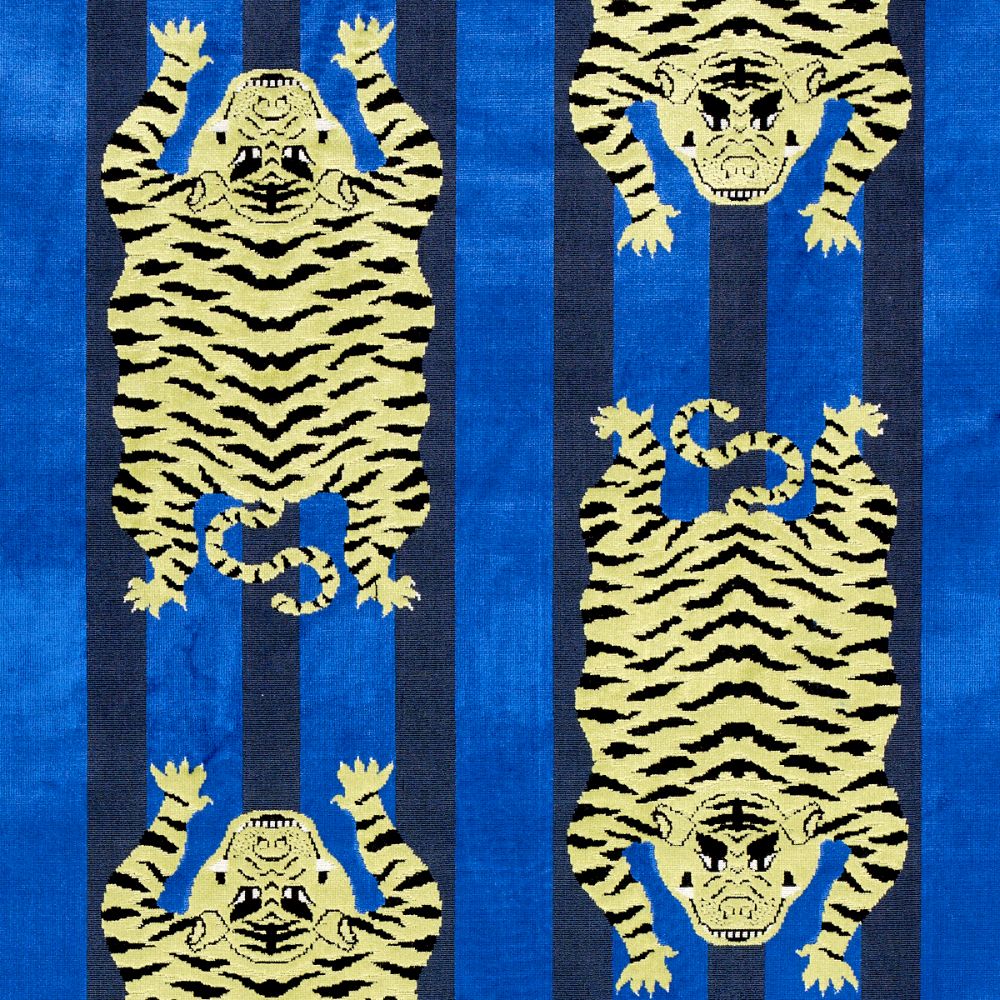 Schumacher 77234 Jokhang Tiger Velvet Fabrics in Blue
