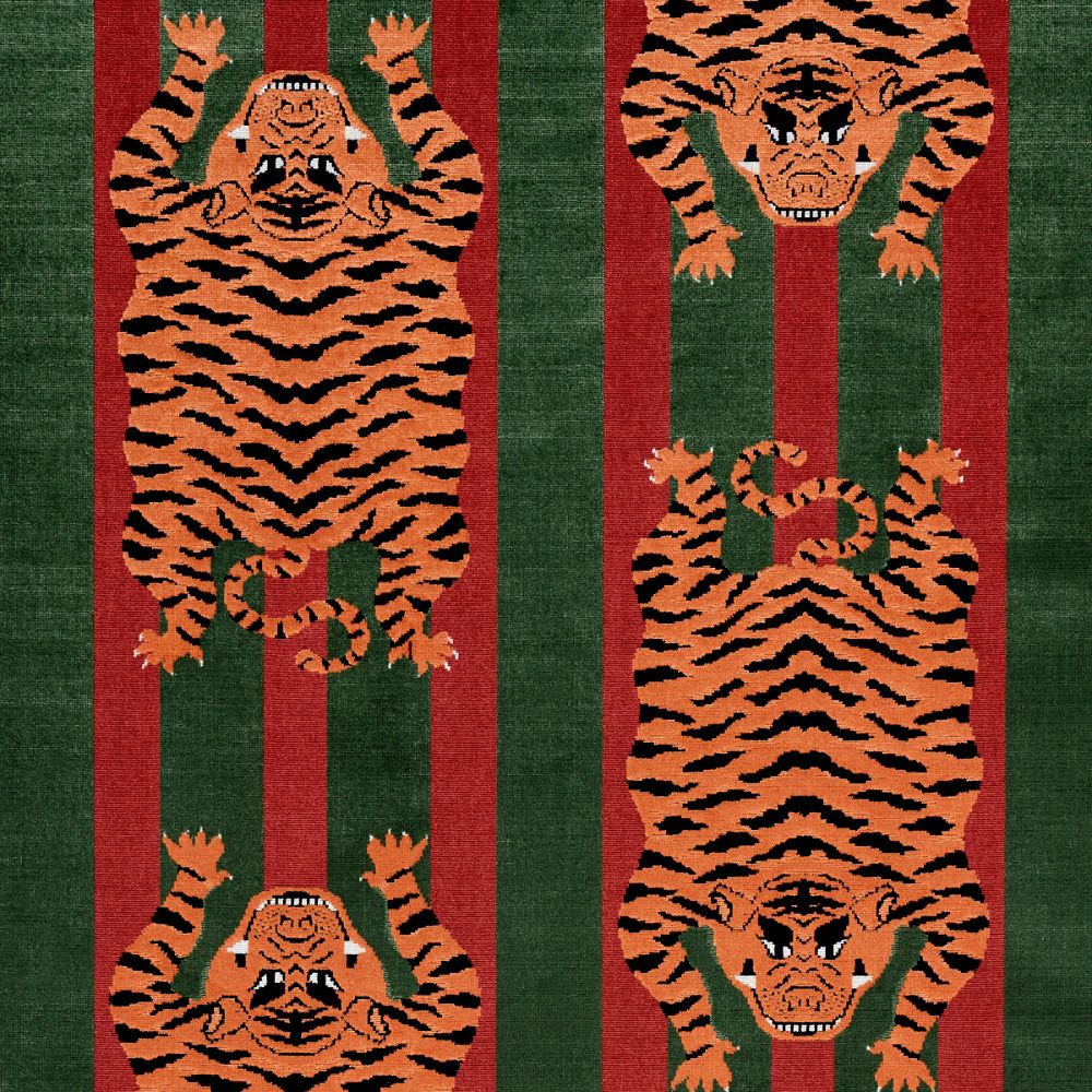 Schumacher 77235 Jokhang Tiger Velvet Fabrics in Red & Green
