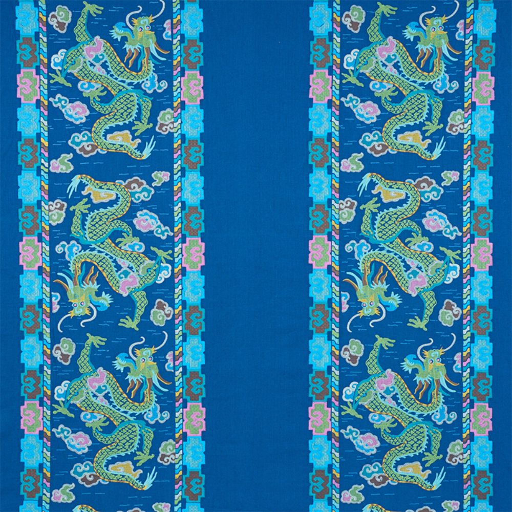 Schumacher 78091 Lotan Dragon Embroidery Fabric in Blue