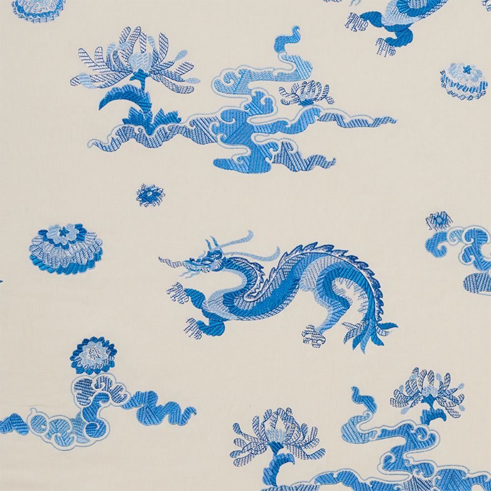 Schumacher 78111 Hanlun Dragon Embroidery Fabric in Porcelain