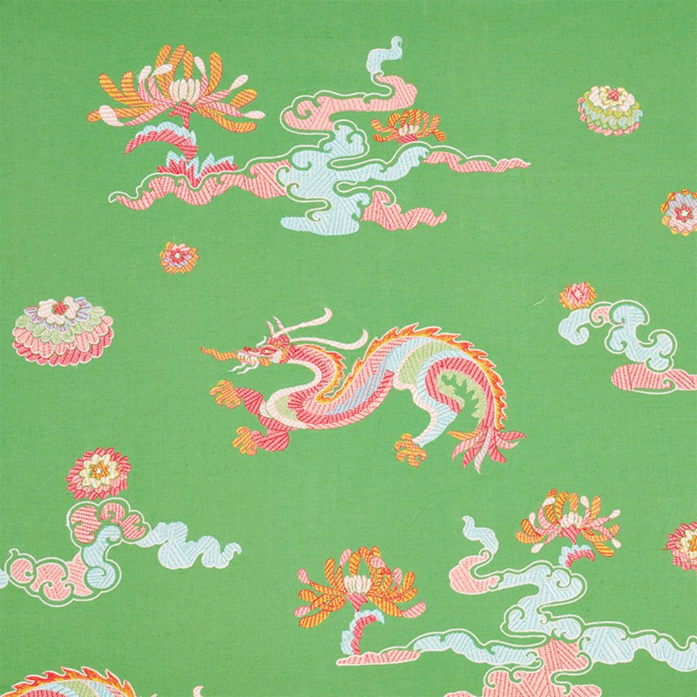Schumacher 78112 Hanlun Dragon Embroidery Fabric in Green