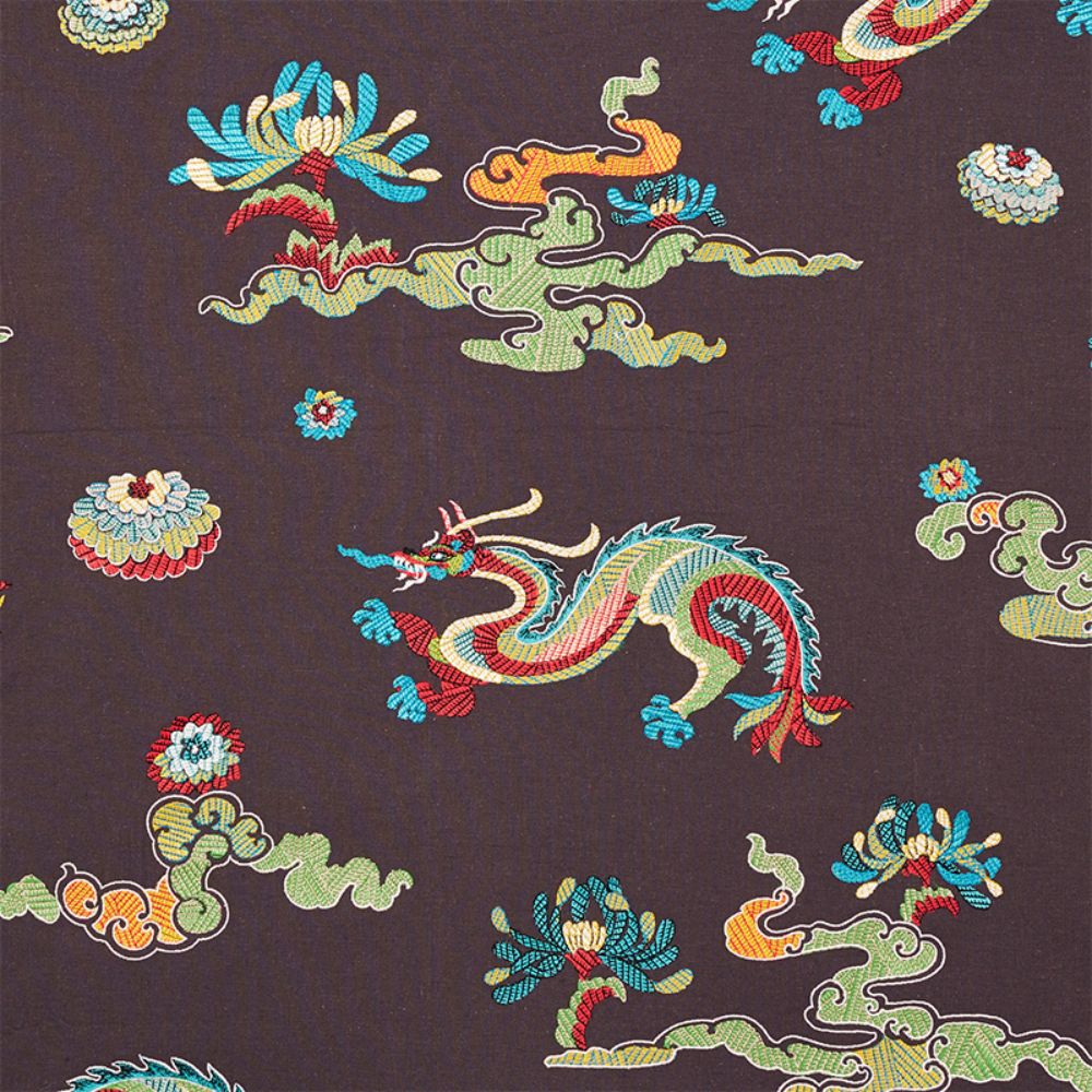 Schumacher 78113 Hanlun Dragon Embroidery Fabric in Charcoal