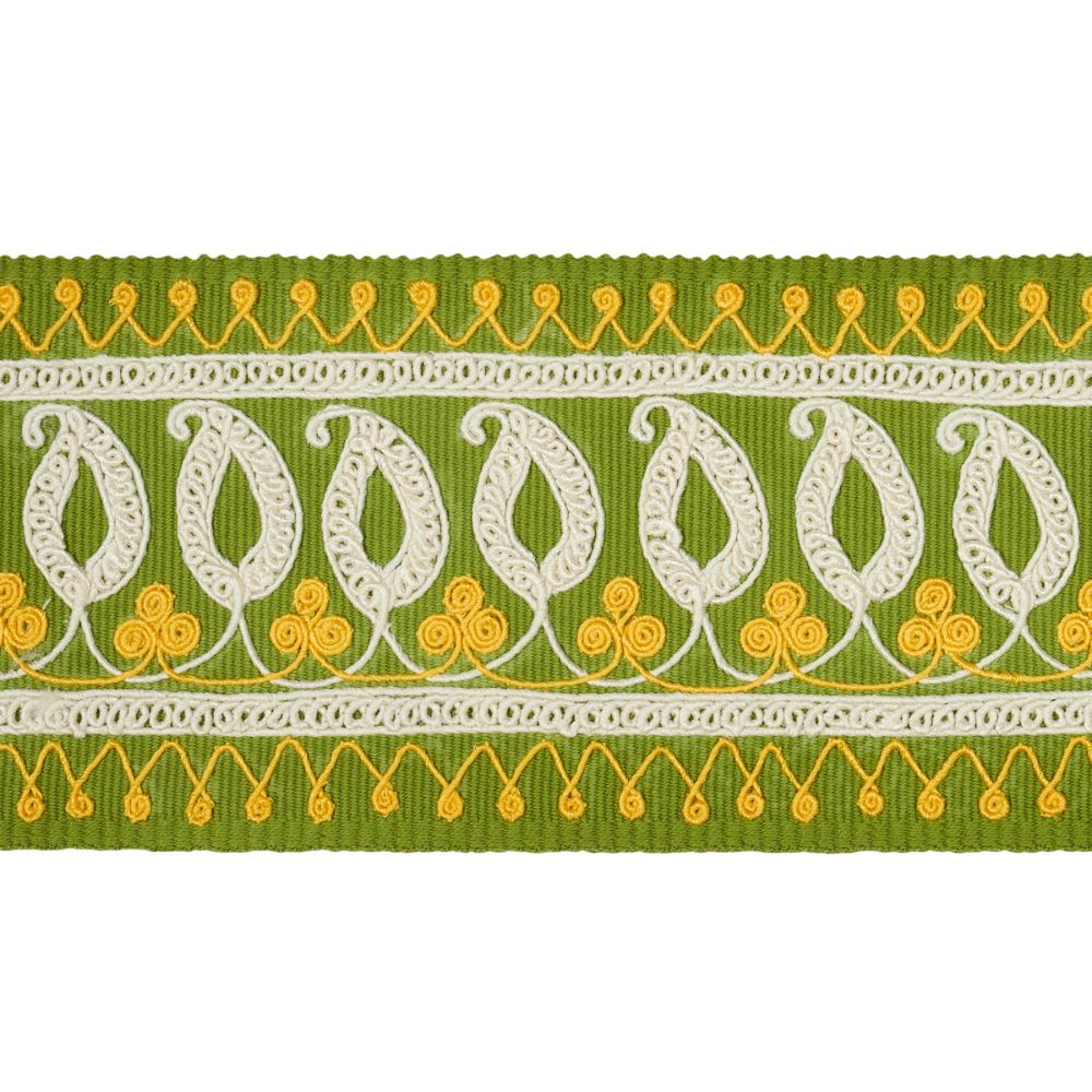 Schumacher 81232 Paisley Embroidered Tape Trims in Green & Yellow