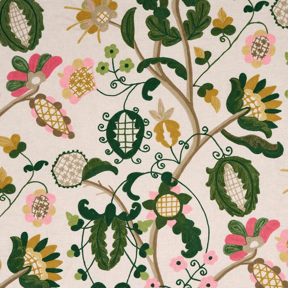 Schumacher 81511 Uncommon Threads Mandevilla Embroidery Fabric in Pink & Green