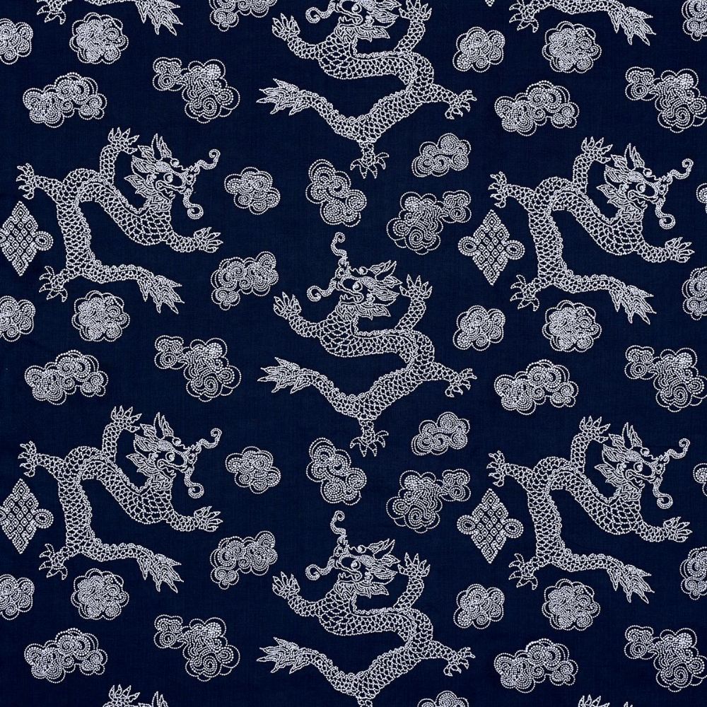Schumacher 81550 Uncommon Threads Dragon Embroidery Fabric in Navy