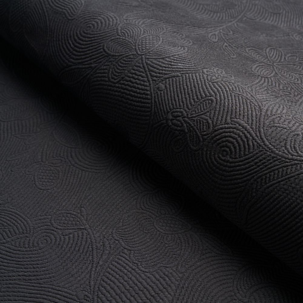 Schumacher 81591 Quilted Scroll Matelassé Fabrics in Pitch Black