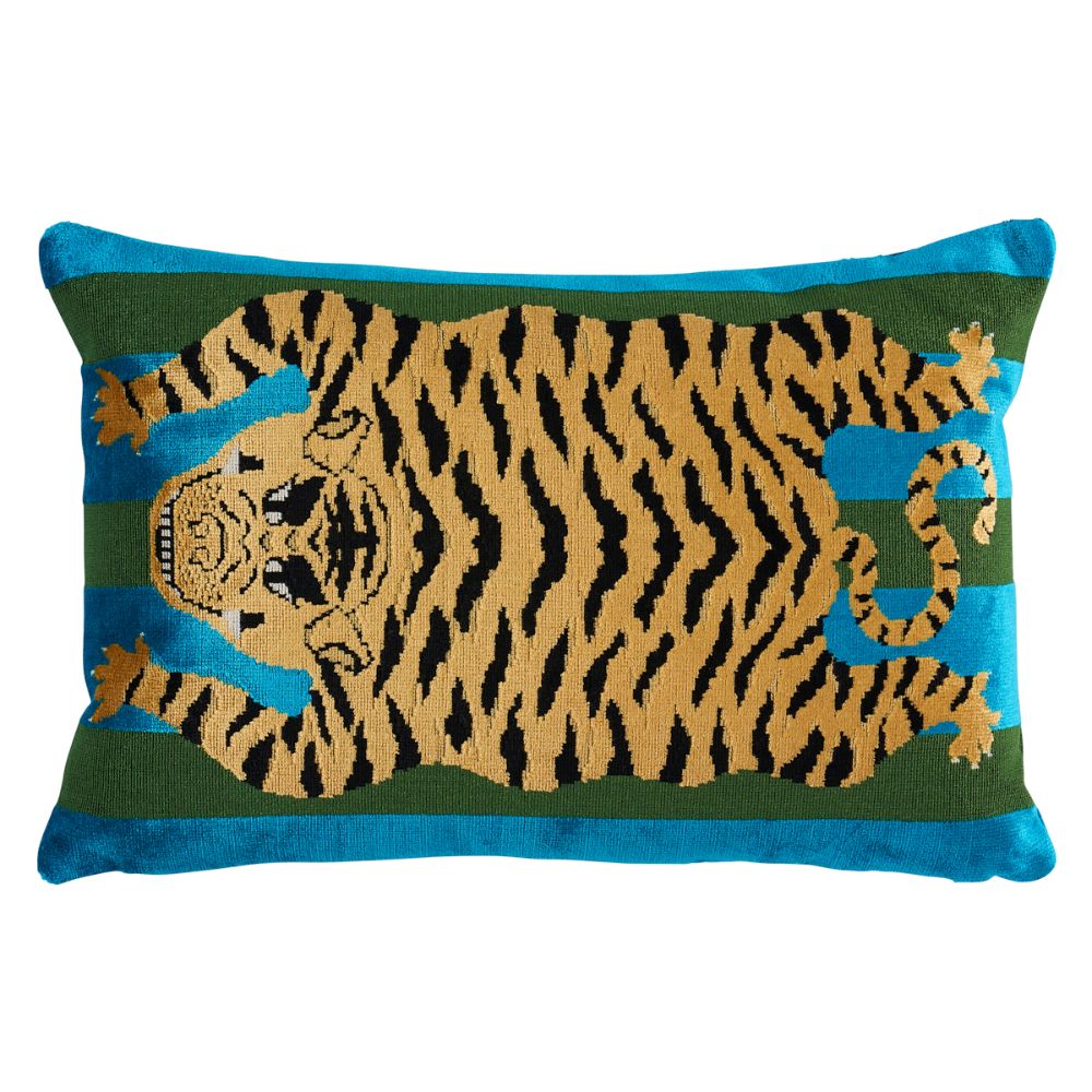 Schumacher SO7723015 Jokhang Tiger Velvet Pillow Pillows & Accessories in Peacock