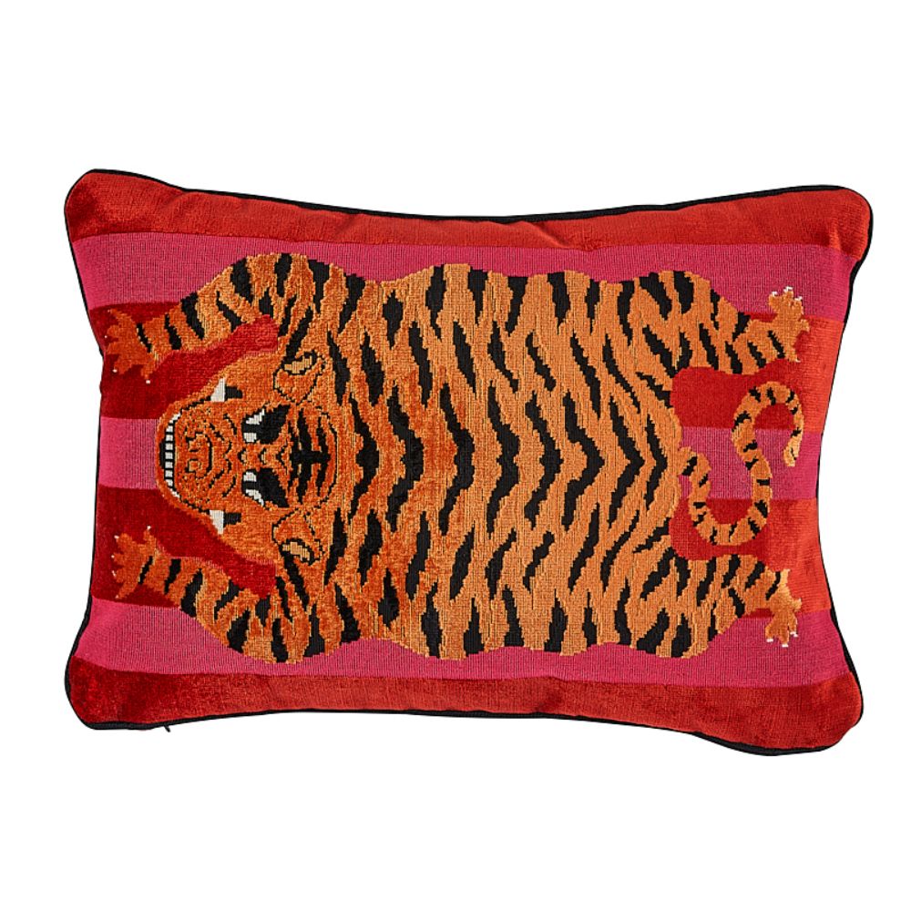 Schumacher SO7723115 Jokhang Tiger Velvet Pillow Pillows & Accessories in Red & Pink