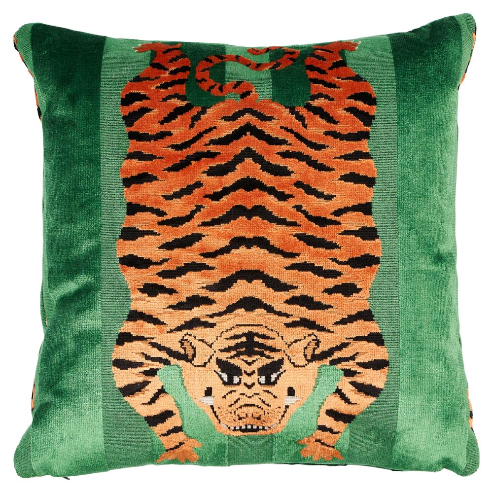 Schumacher SO7723304 Jokhang Tiger Velvet 18" Pillow Pillows & Accessories in Green