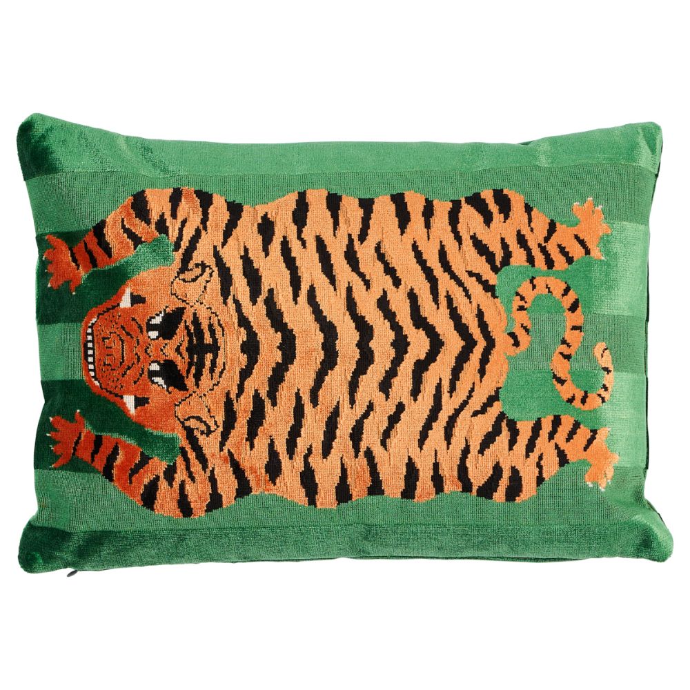 Schumacher SO7723315 Jokhang Tiger Velvet Pillow Pillows & Accessories in Green