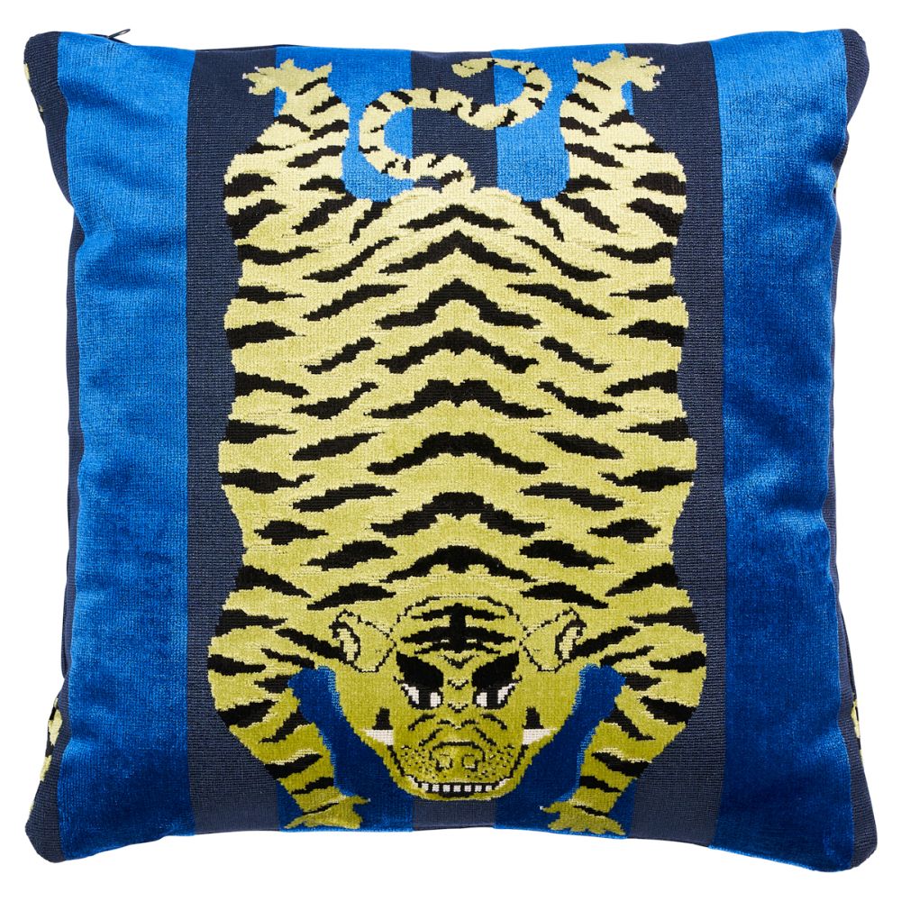 Schumacher SO7723404 Jokhang Tiger Velvet 18" Pillow Pillows & Accessories in Blue
