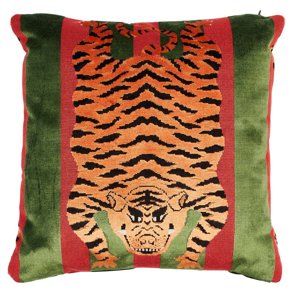 Schumacher SO7723504 Jokhang Tiger Velvet 18" Pillow Pillows & Accessories in Red & Green