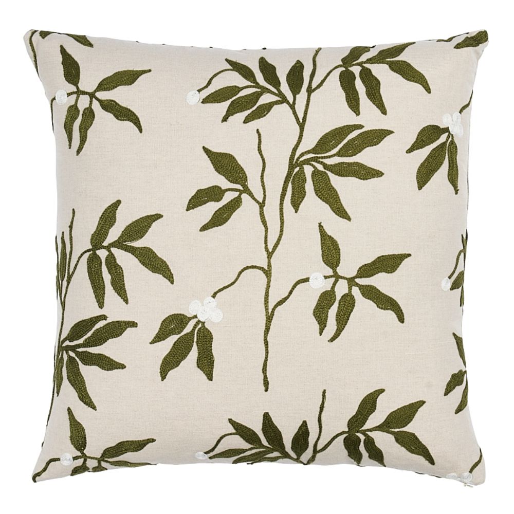 Schumacher SO8043005 Lillia Embroidery 20" Pillow Pillows & Accessories in Olive On Neutral