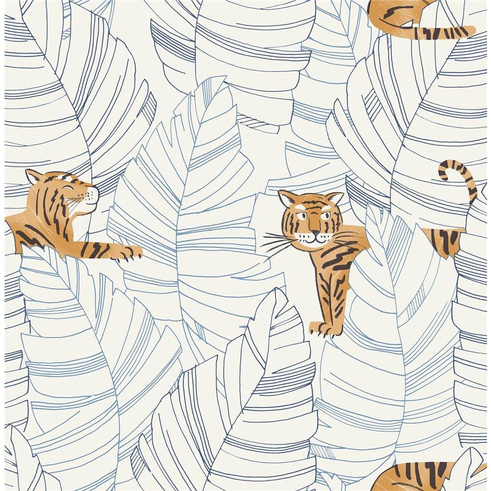 Seabrook Designs DA61202 Day Dreamers Hiding Tigers Wallpaper in Sky Blue and Orange
