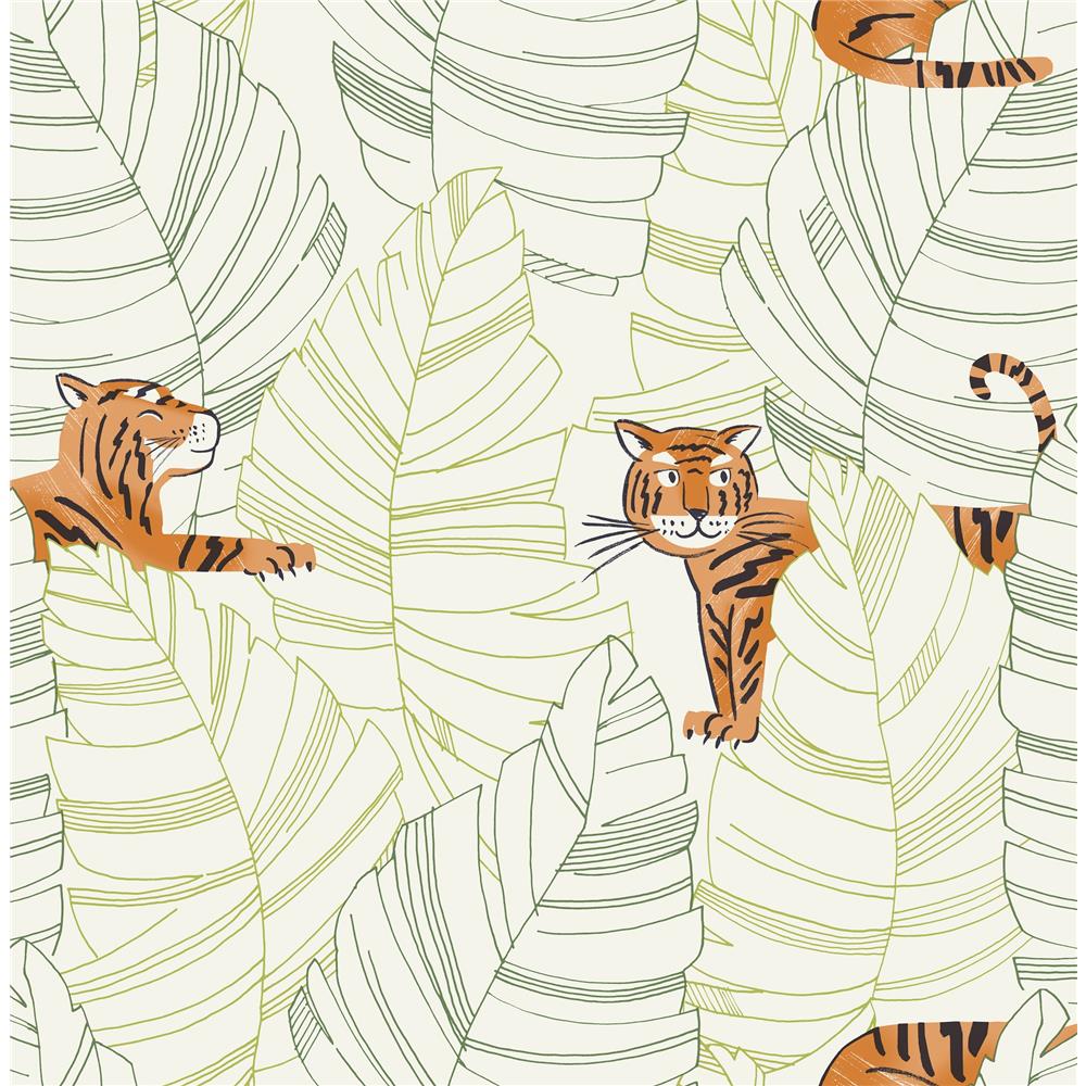 Seabrook Designs DA61204 Day Dreamers Hiding Tigers Wallpaper in Green and Orange