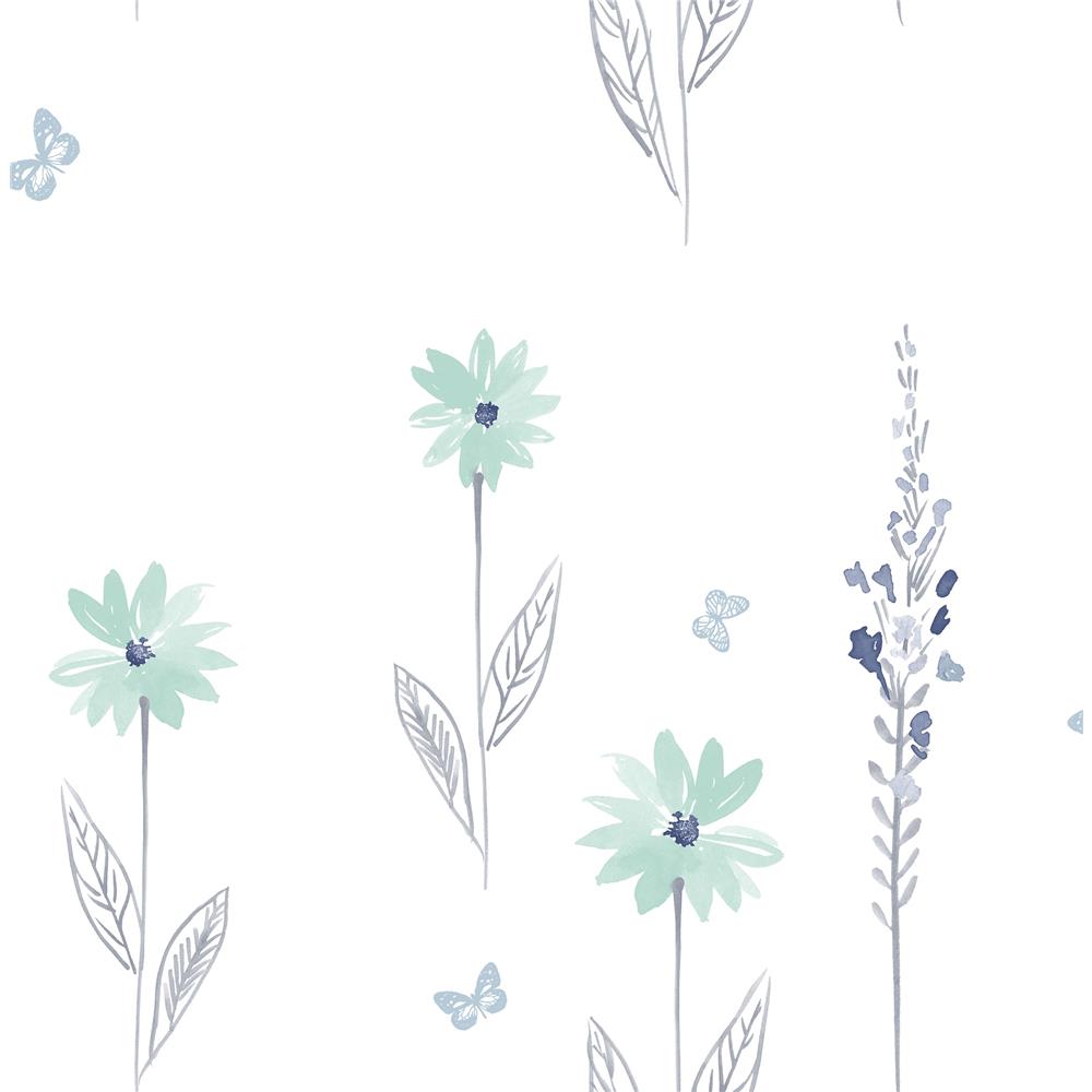 Seabrook Designs DA62604 Day Dreamers Daisy Field Wallpaper in Teal and Gray