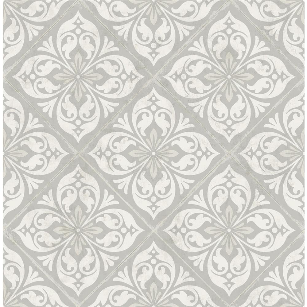 Seabrook Wallpaper LN11008 Plumosa Tile Wallpaper in Cove Gray and Silver