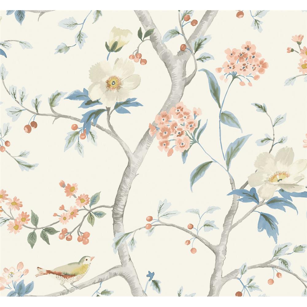 Seabrook Wallpaper LN11101 Southport Floral Trail Wallpaper in Eggshell, Melon, and Carolina Blue