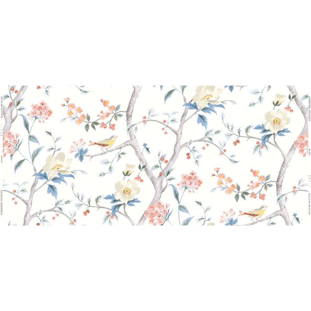 Seabrook Wallpaper LN11901F Southport Floral Trail Fabric in Eggshell, Melon, and Carolina Blue
