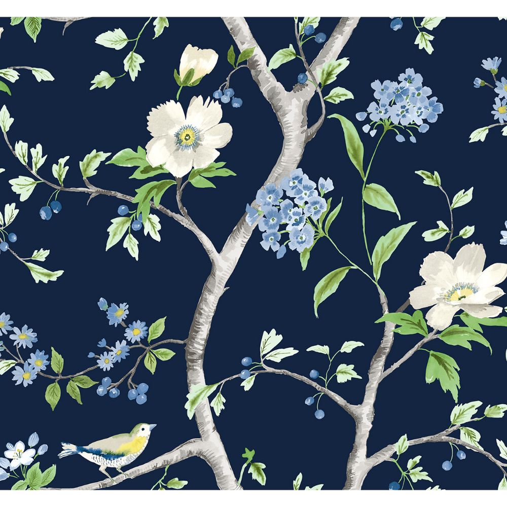 Seabrook Wallpaper LN21312 Floral Trail Wallpaper in Navy Blue & Spring Green