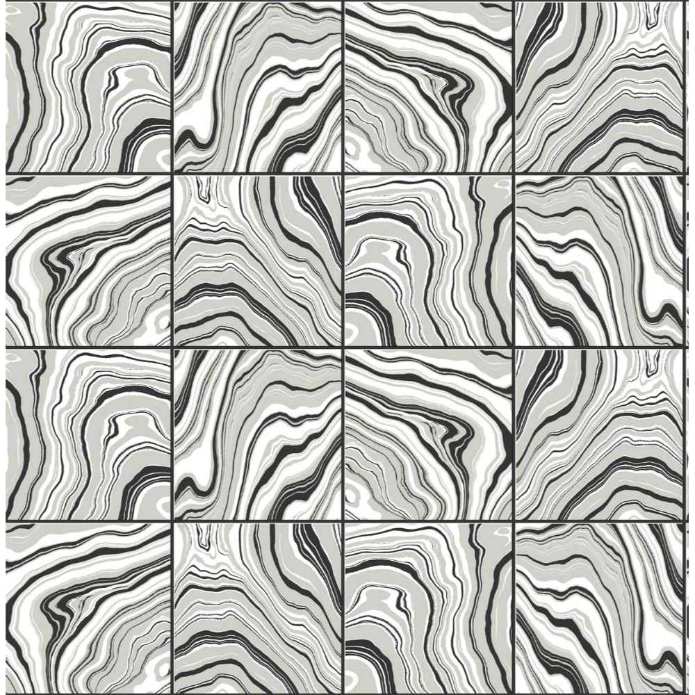 Seabrook Wallpaper LN30600 Marbled Tile Wallpaper in Ebony & Metallic Silver