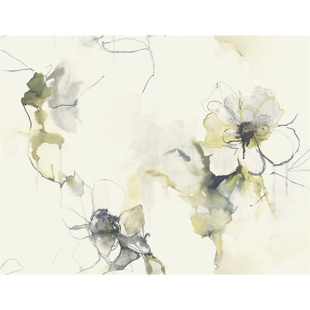 Seabrook Designs LW50007 Living with Art Anemone Watercolor Floral Wallpaper in Dark Ash and Canary