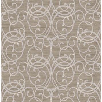 Seabrook MT81118 SEABROOK DESIGNS-MONTAGE SILVERTON SCROLL Wallpaper in Brown/ Off White