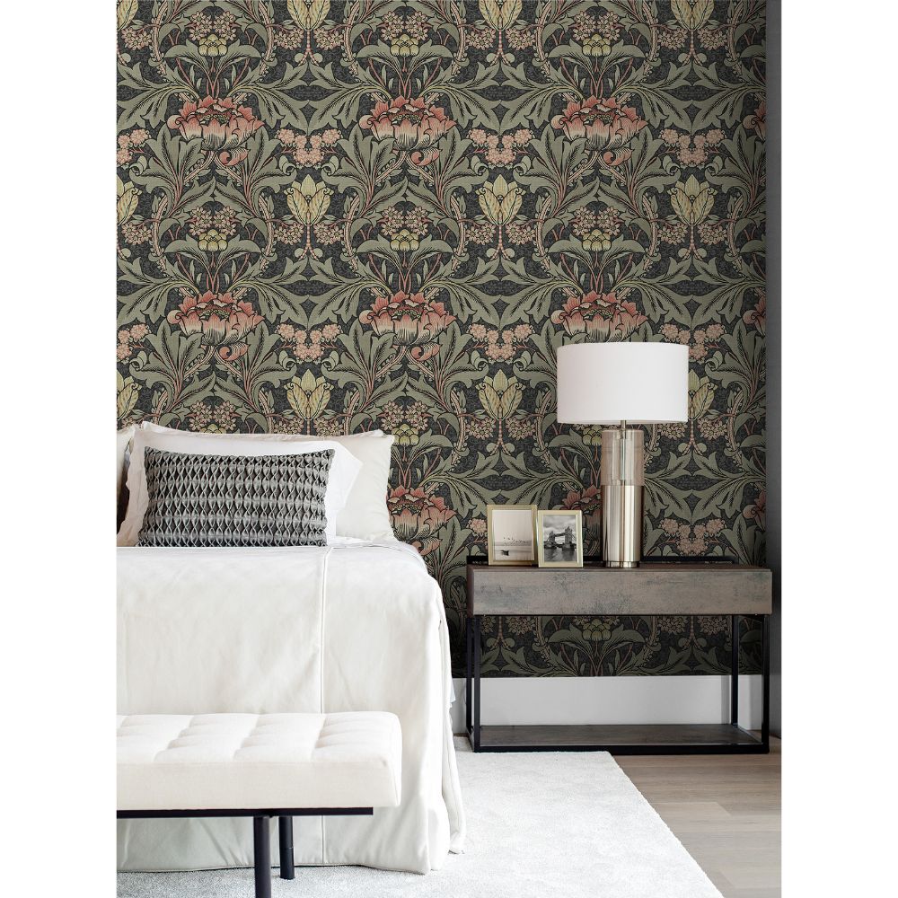 Seabrook Wallpaper Acanthus Floral Prepasted Wallpaper in Charcoal & Rosewood