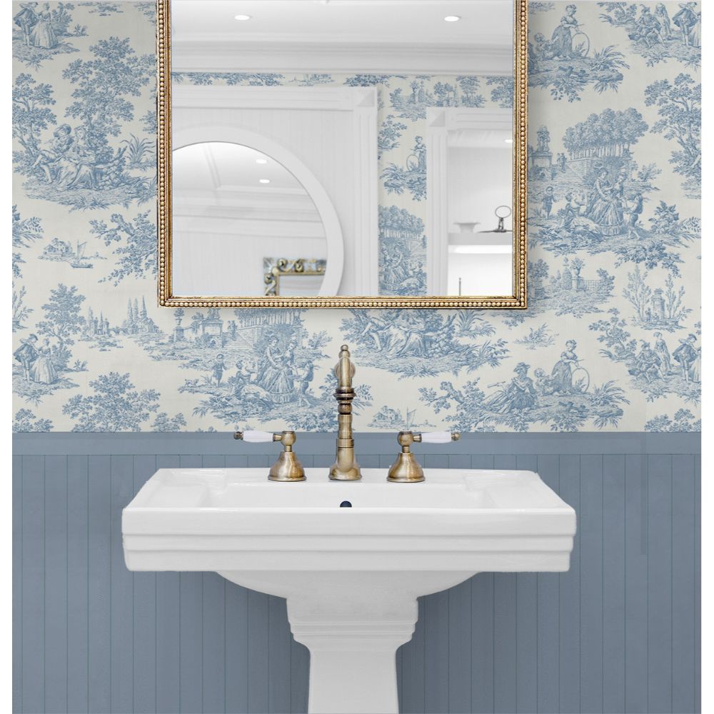 Seabrook Wallpaper Chateau Toile Prepasted Wallpaper in Blue Bell