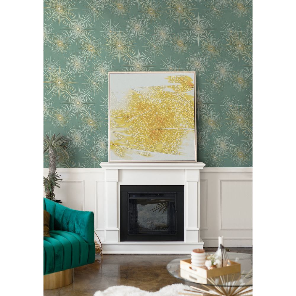 Seabrook Wallpaper Starburst Geo Prepasted Wallpaper in Teal & Gold