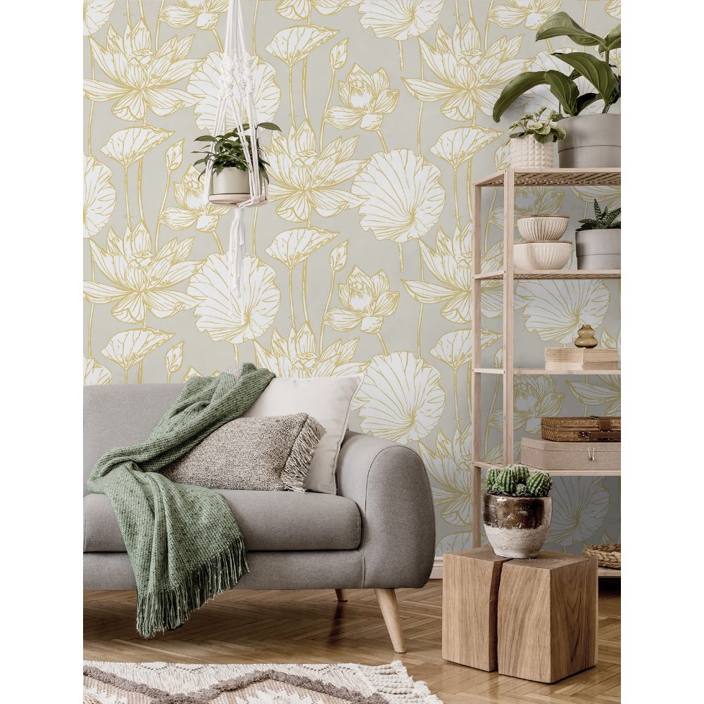Seabrook Wallpaper Lotus Floral Prepasted Wallpaper in Grey & Gold