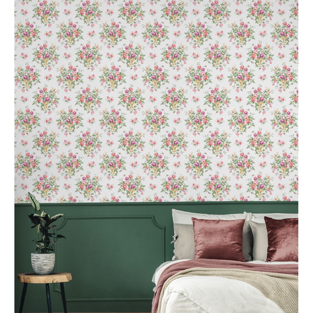 Seabrook Wallpaper PR12601 Floral Bouquet Prepasted Wallpaper in Watermelon & Buttercup