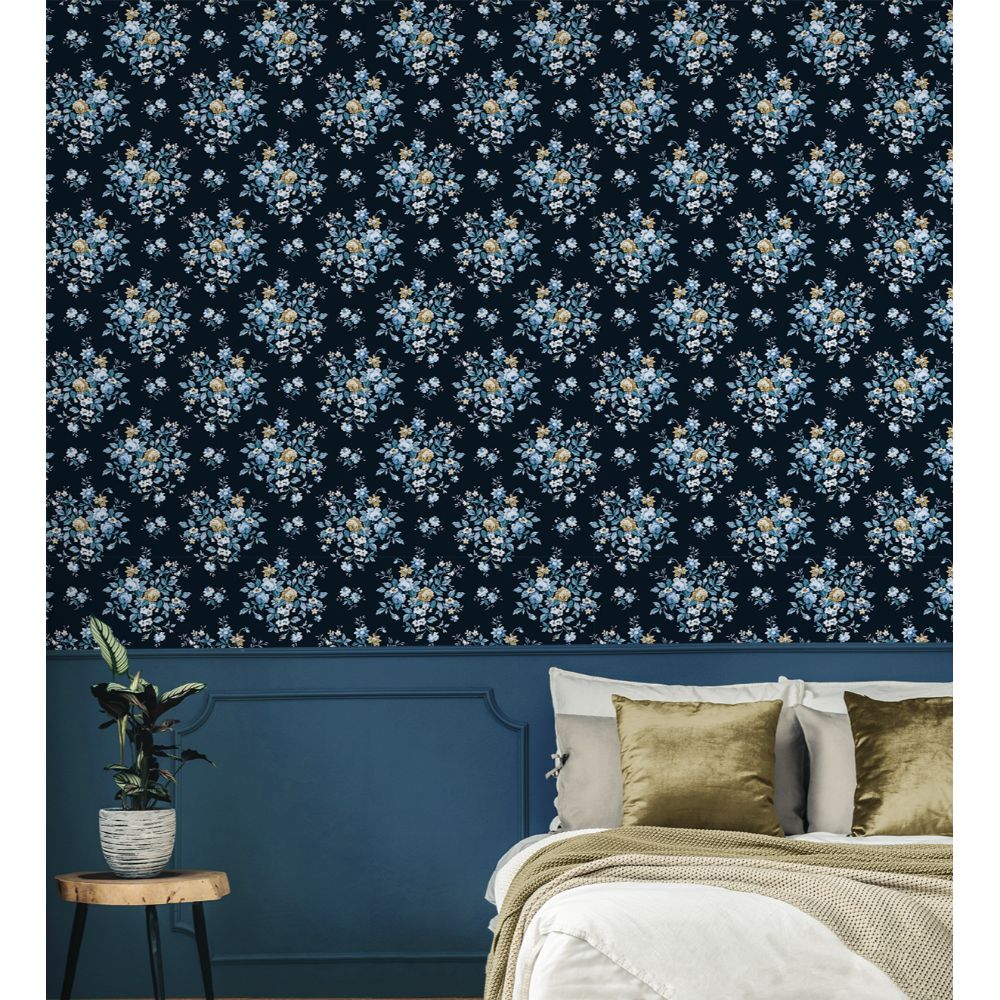 Seabrook Wallpaper PR12602 Floral Bouquet Prepasted Wallpaper in Midnight Blue & Toffee