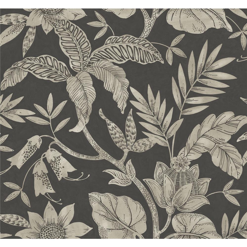 Seabrook Designs RY30200 Boho Rhapsody Rainforest Leaves Wallpaper in Brushed Ebony and Stone