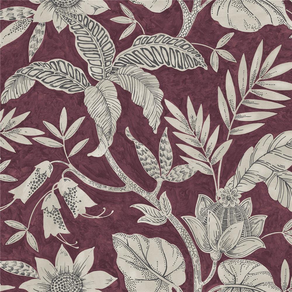 Seabrook Designs RY30201 Boho Rhapsody Rainforest Leaves Wallpaper in Cranberry and Stone